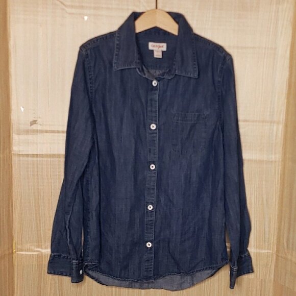 Cat & Jack Boys Denim Look Blue Long Sleeve Button Down 10-12 - Picture 1 of 4